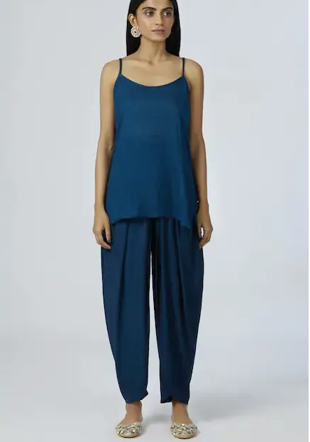 Embellished Kaftan Dhoti Pant Set in Turquoise Blue