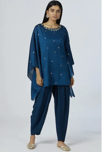 Embellished Kaftan Dhoti Pant Set in Turquoise Blue