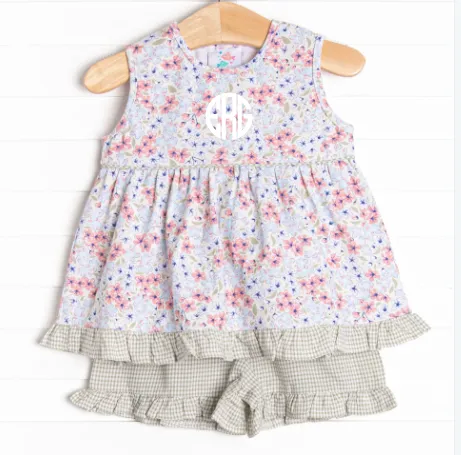 English Garden Gingham Ruffle Short Set, Green