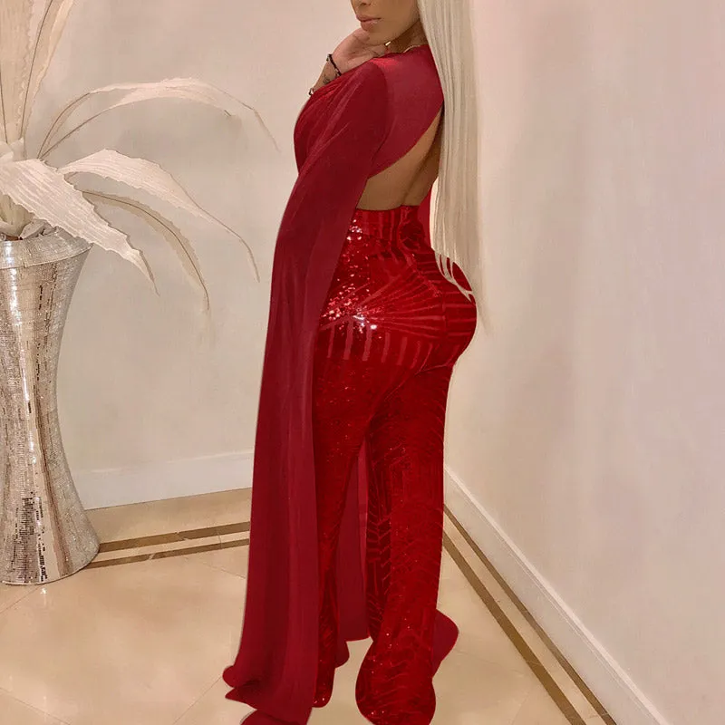 Fashion Sequins Patchwork V-neck Slit Long Sleeve Wide Leg Party Jumpsuit