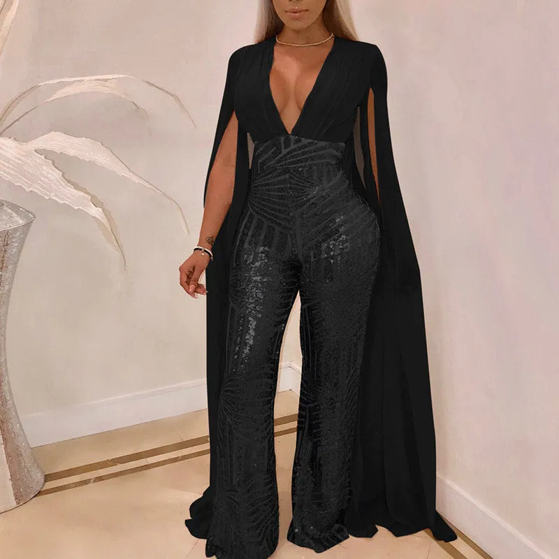 Fashion Sequins Patchwork V-neck Slit Long Sleeve Wide Leg Party Jumpsuit