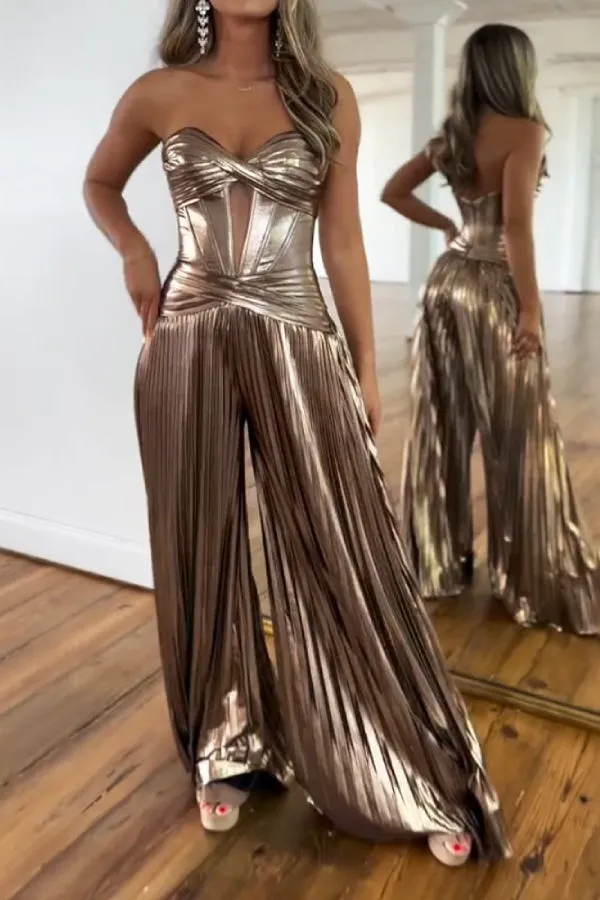 Fashion Strapless Pleated Party Jumpsuit