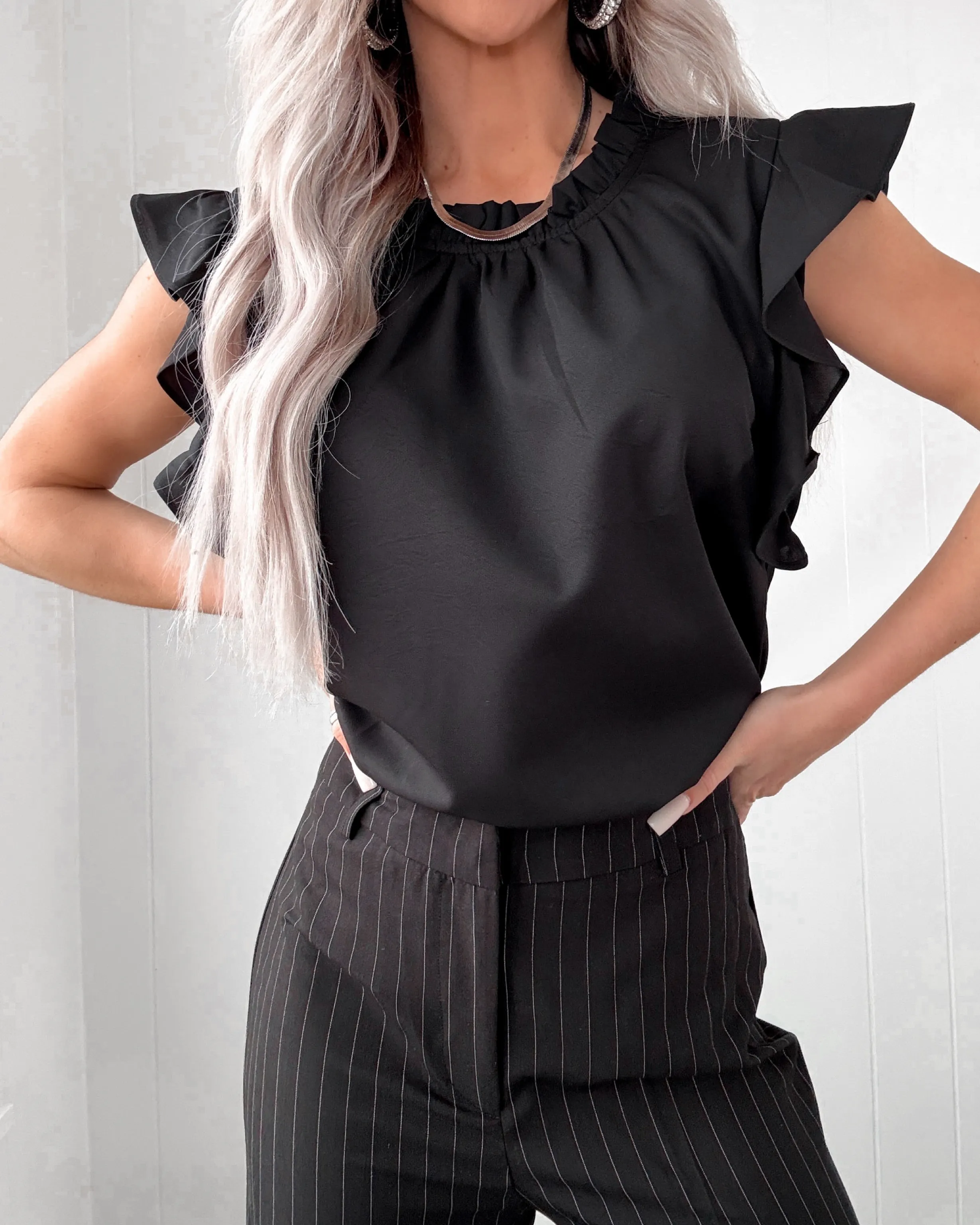 Femme Flutter Ruffle Sleeve Top - Black