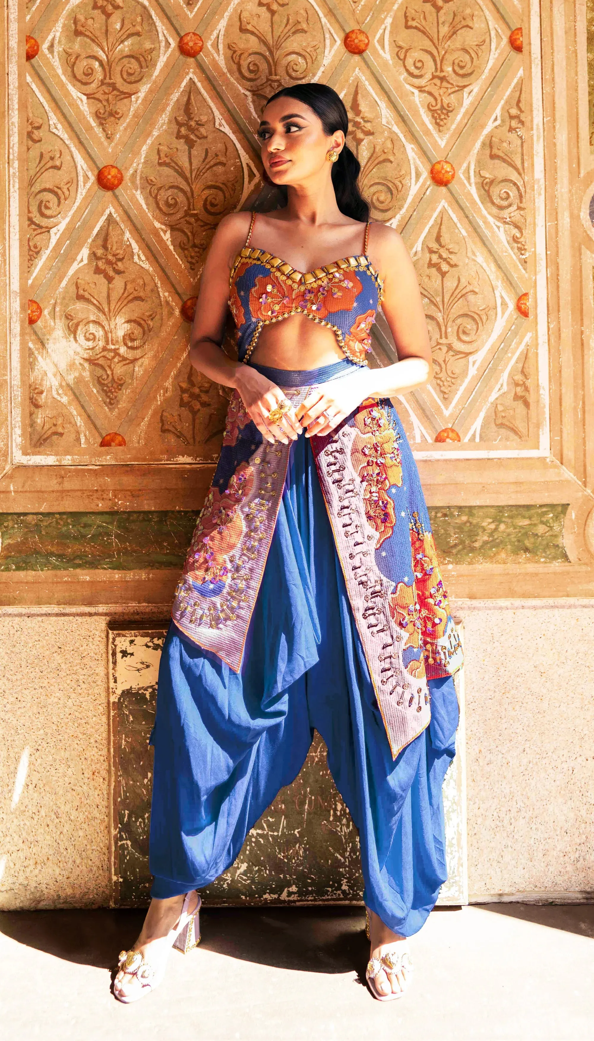 FLAMBE- BLUE DHOTI JUMPSUIT WITH ORANGE PRINTED FLOWERS