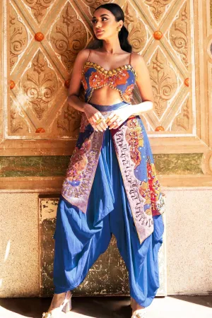FLAMBE- BLUE DHOTI JUMPSUIT WITH ORANGE PRINTED FLOWERS