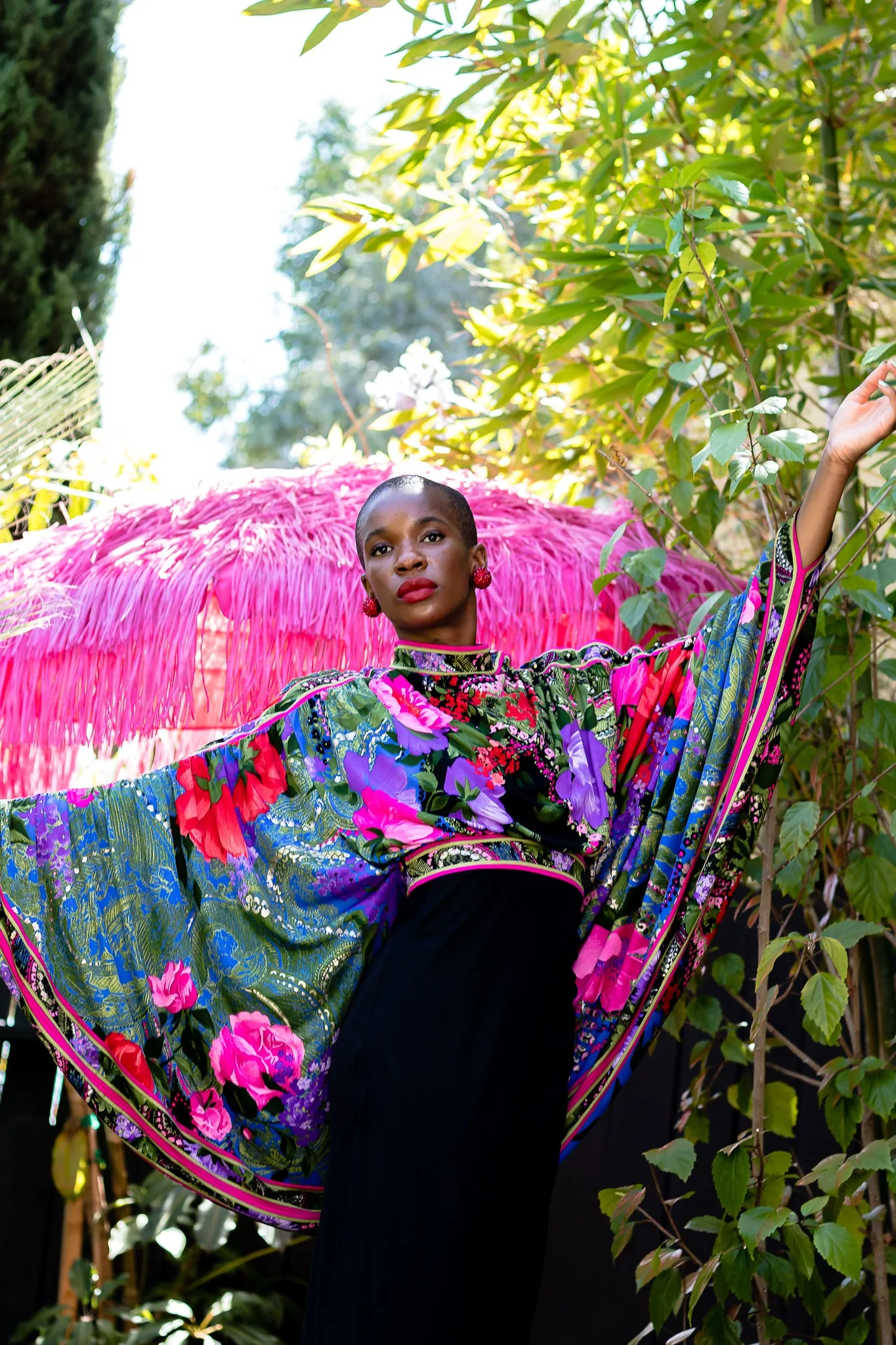 Floral Batwing Cape Gown