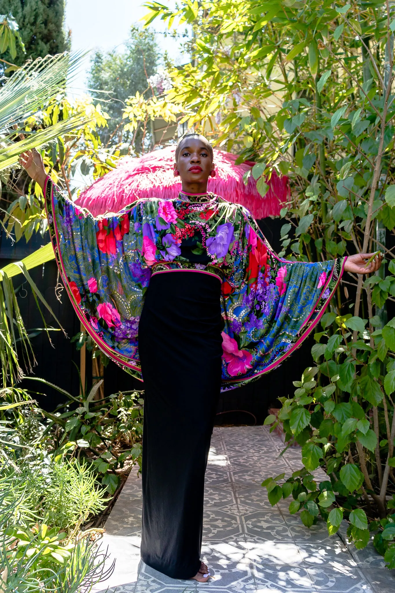 Floral Batwing Cape Gown