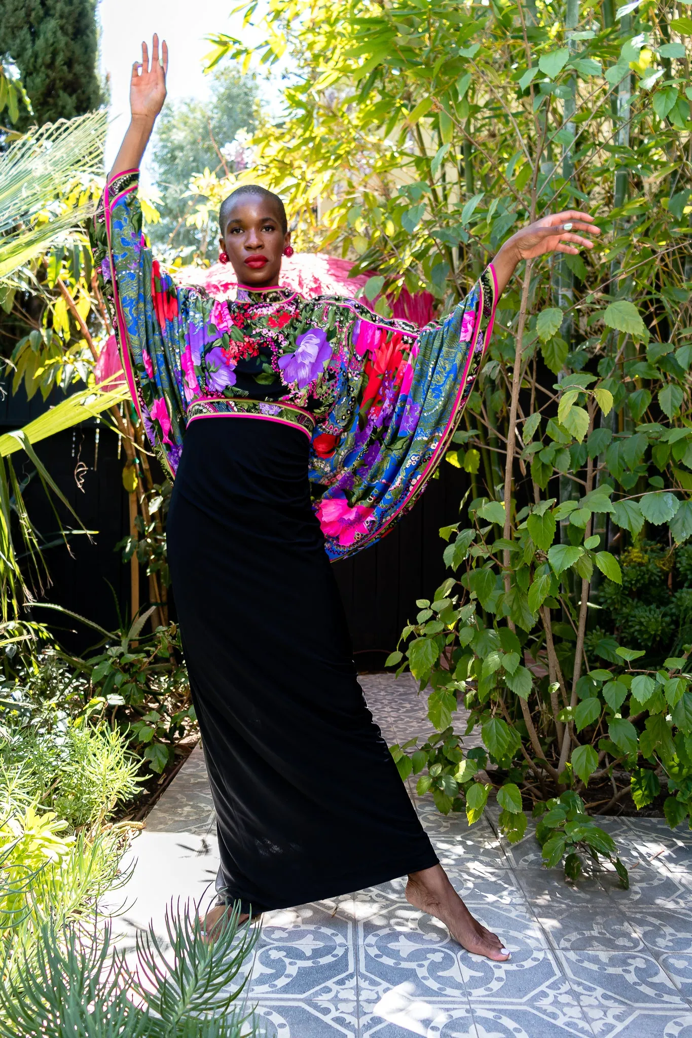 Floral Batwing Cape Gown