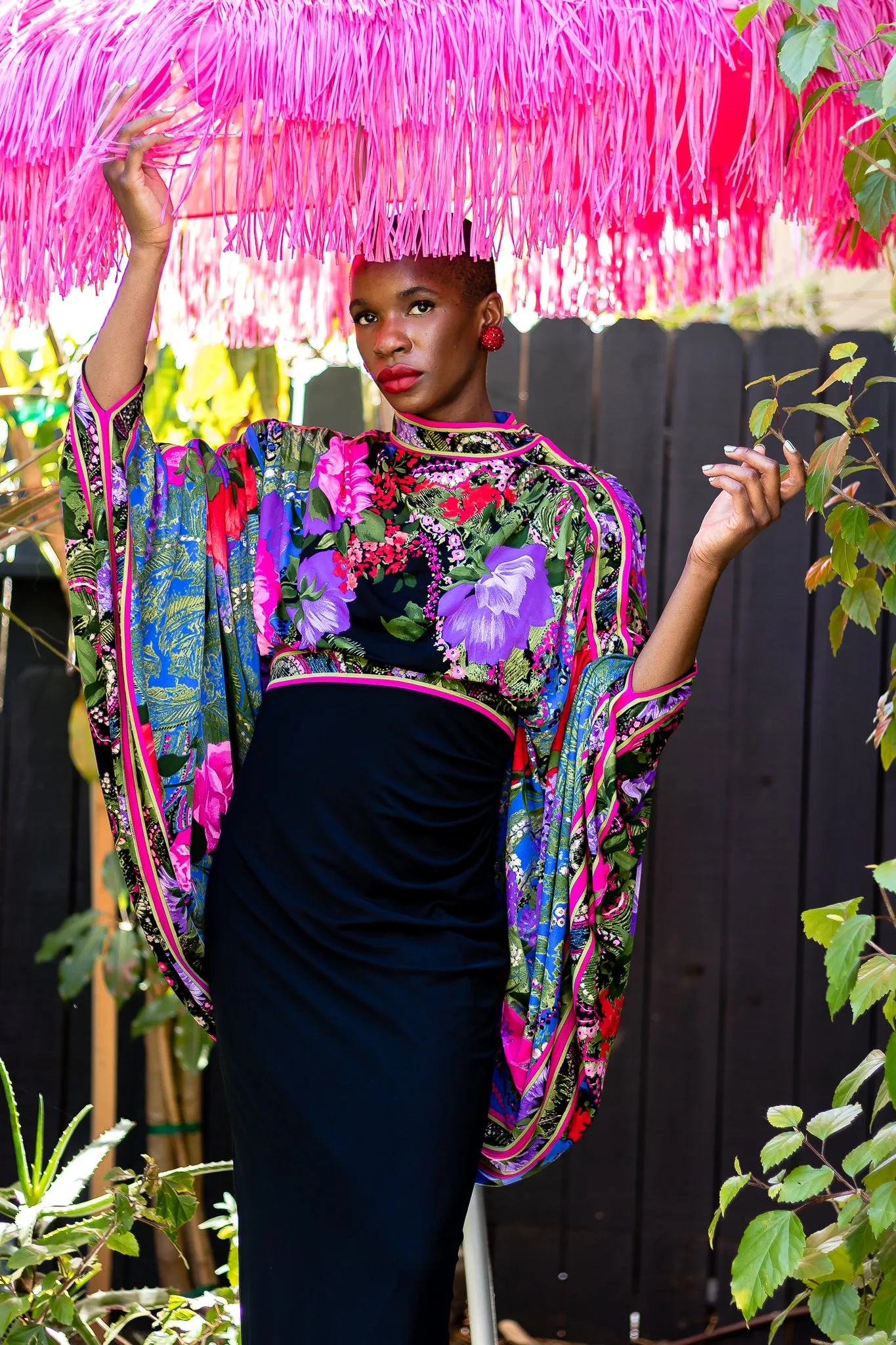 Floral Batwing Cape Gown