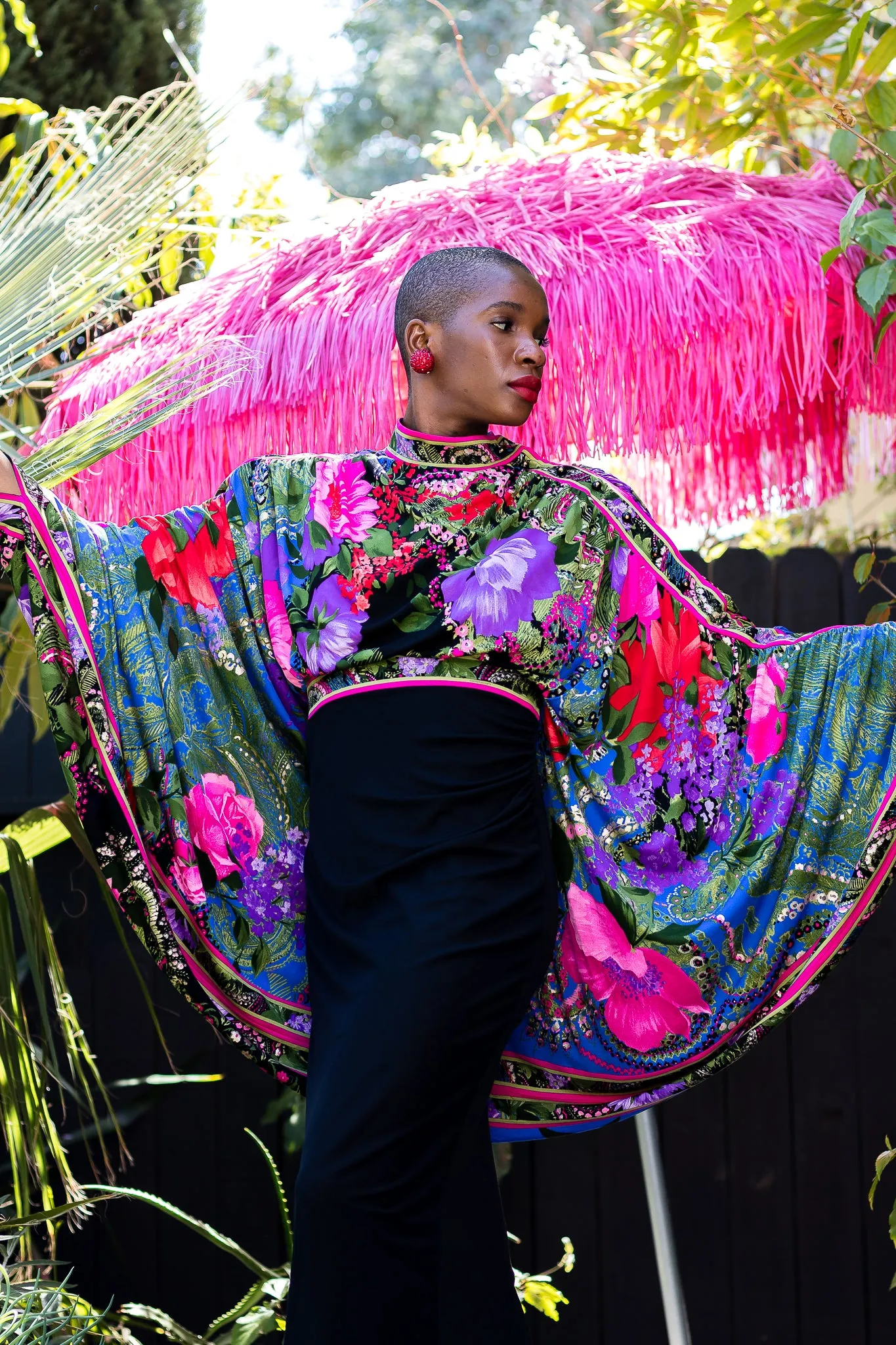 Floral Batwing Cape Gown