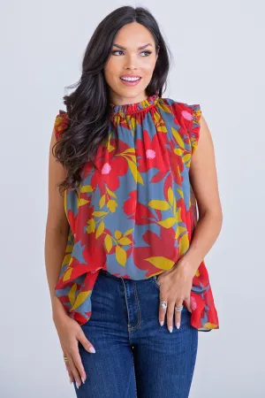 Floral Chiffon Ruffle Slv Less Tunic