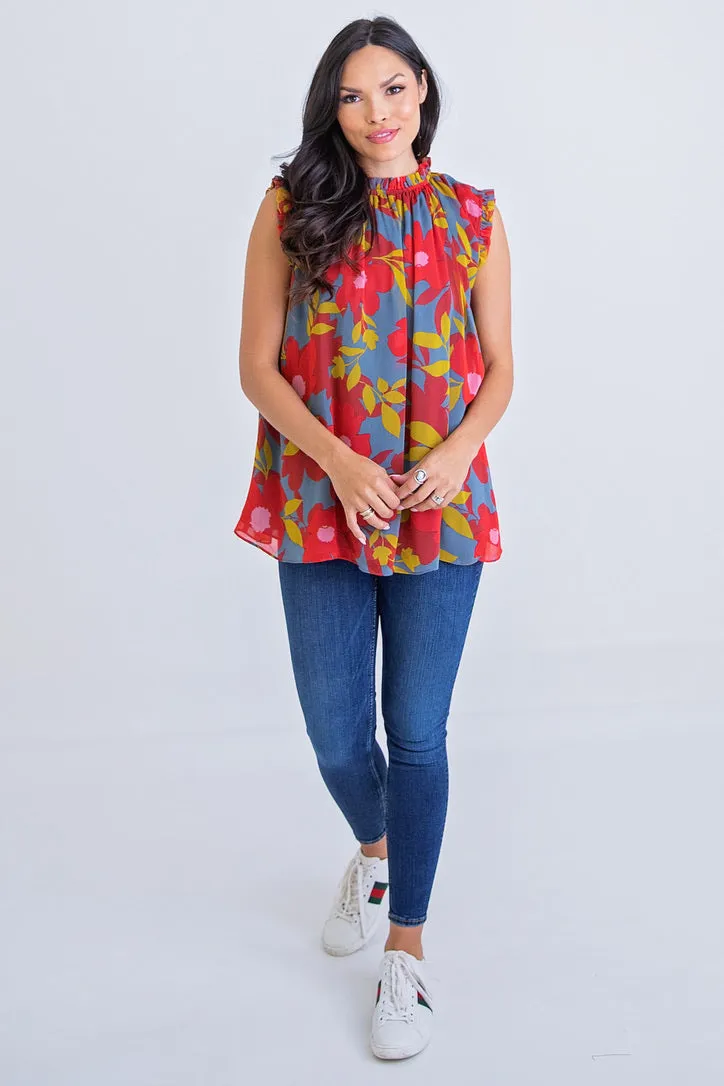 Floral Chiffon Ruffle Slv Less Tunic