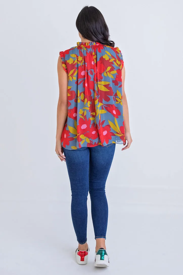 Floral Chiffon Ruffle Slv Less Tunic