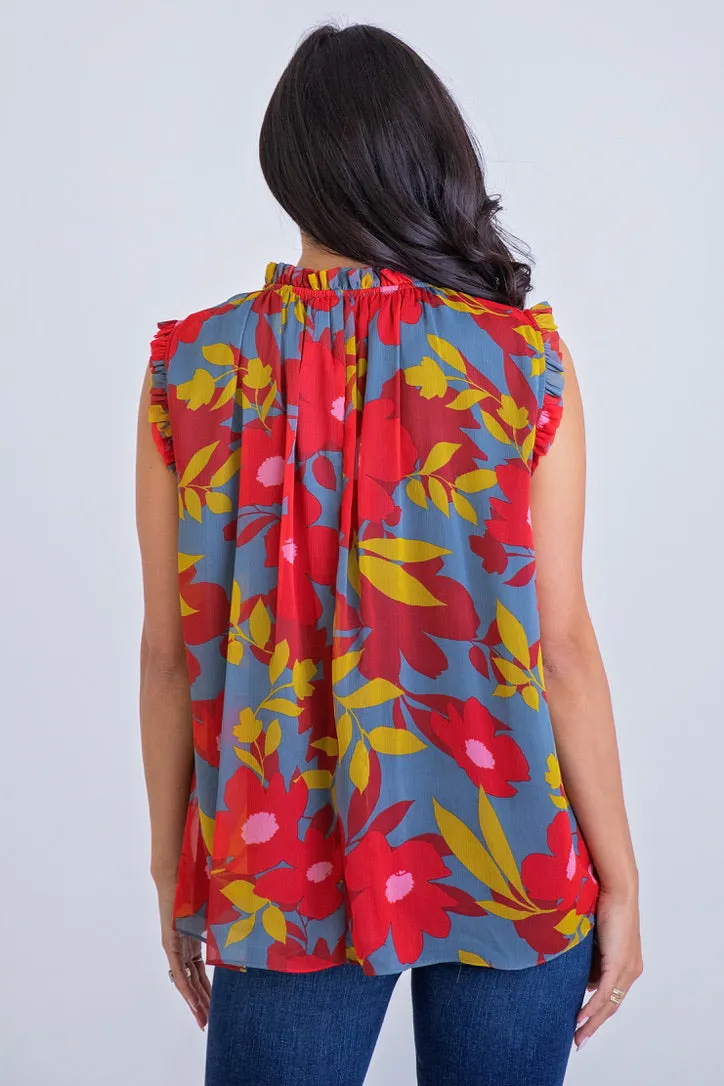 Floral Chiffon Ruffle Slv Less Tunic