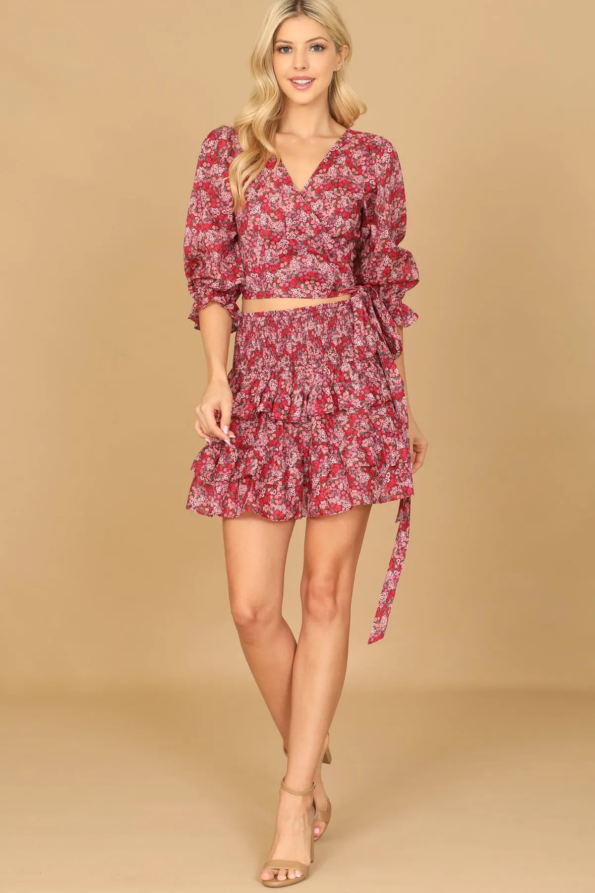 FLORAL PUFF SLEEVE TIE CROP TOP & RUFFLE SKIRT SET
