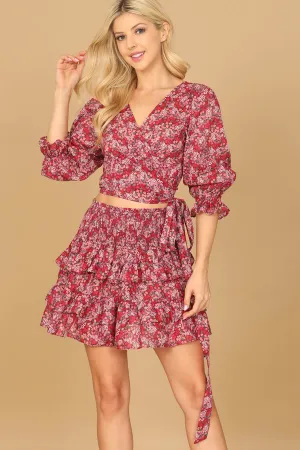 FLORAL PUFF SLEEVE TIE CROP TOP & RUFFLE SKIRT SET