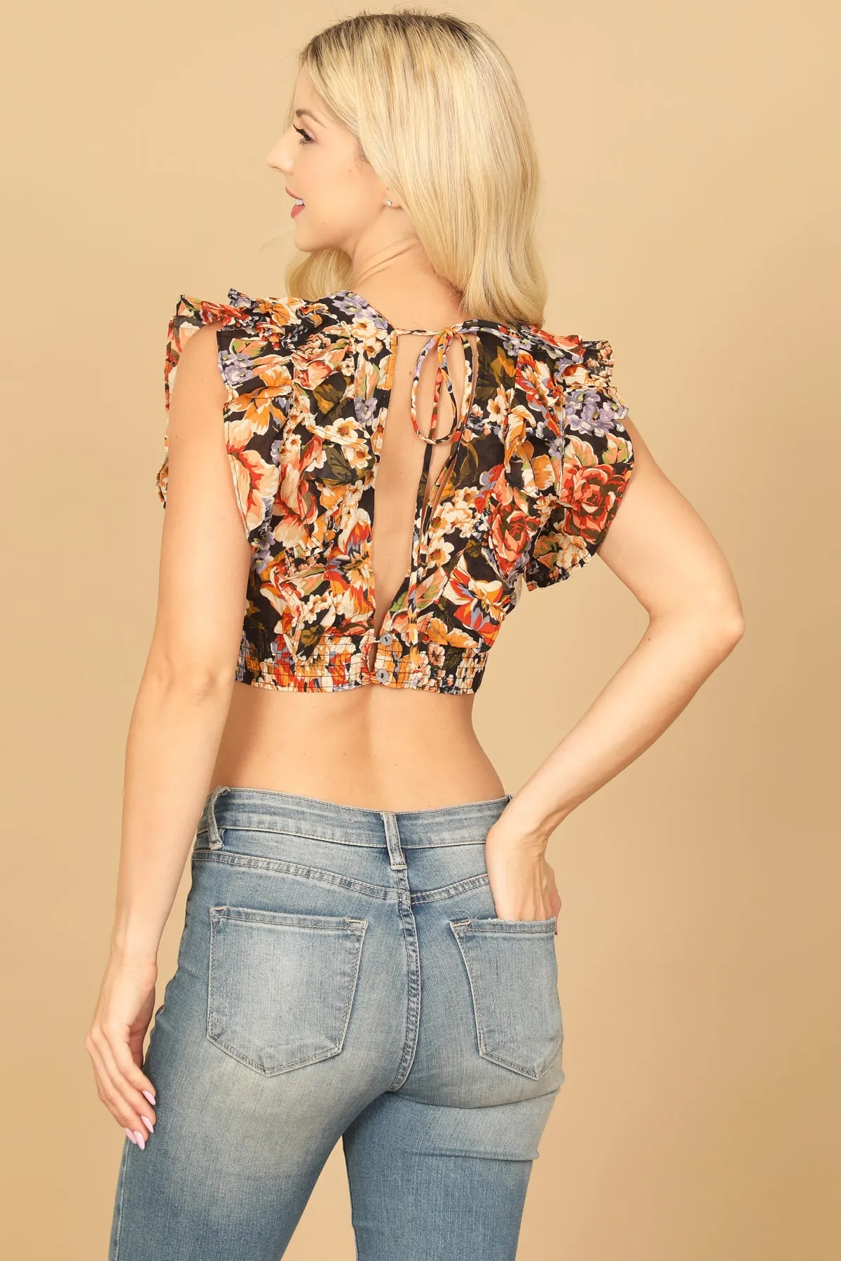 FLORAL RUFFLE SLEEVE BACK TIE CROP TOP