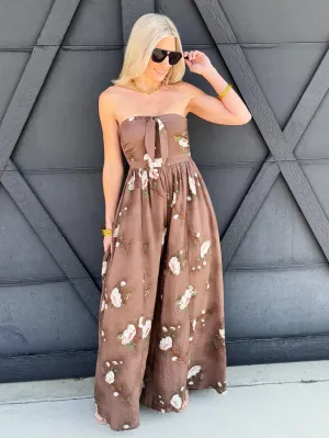 Floral Strapless Jumpsuit In Brown