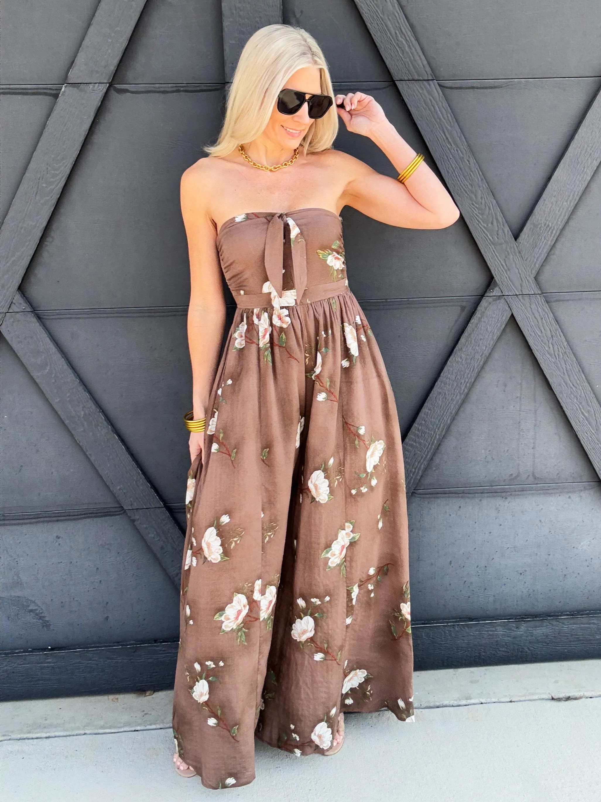 Floral Strapless Jumpsuit In Brown
