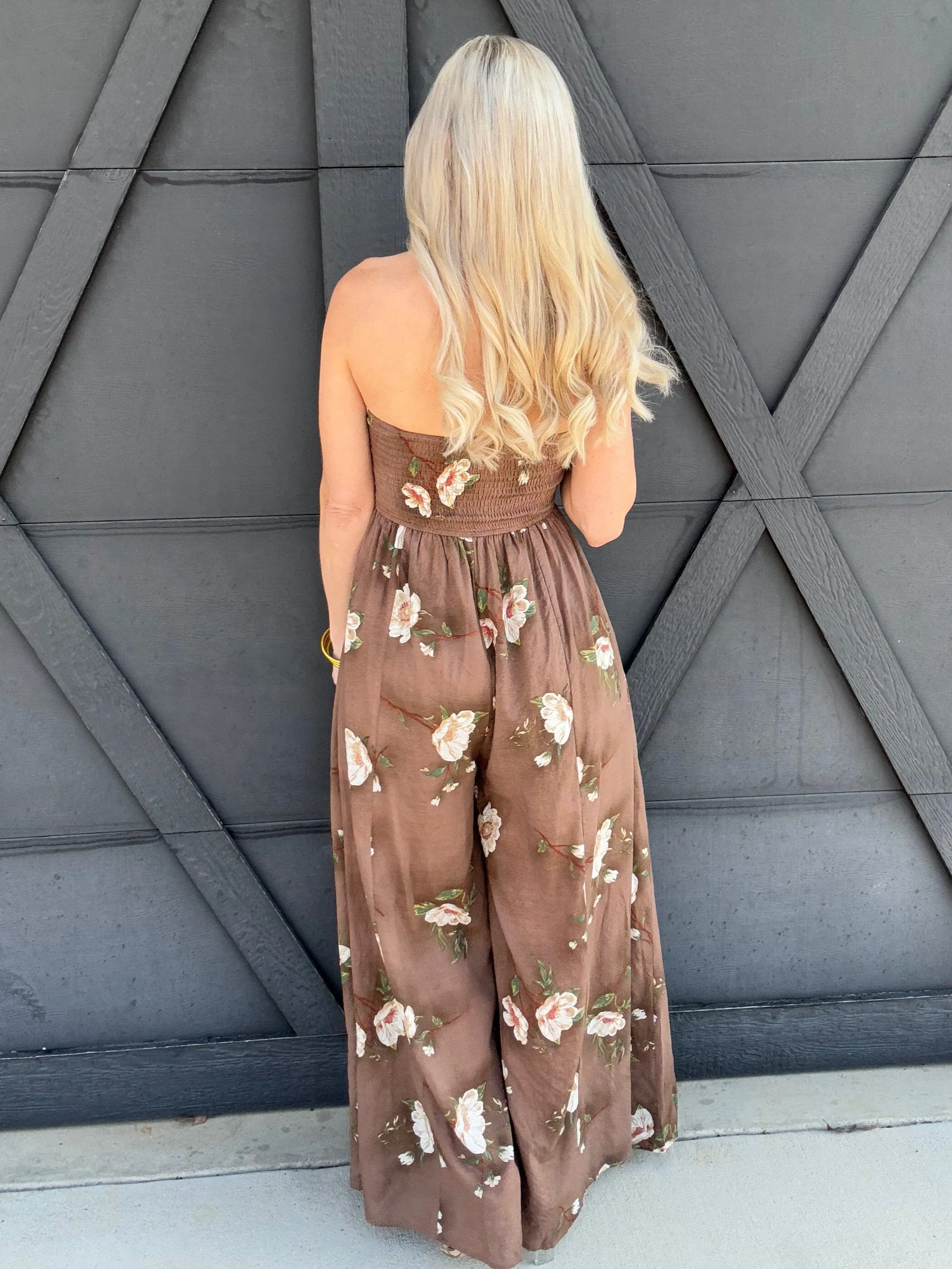 Floral Strapless Jumpsuit In Brown