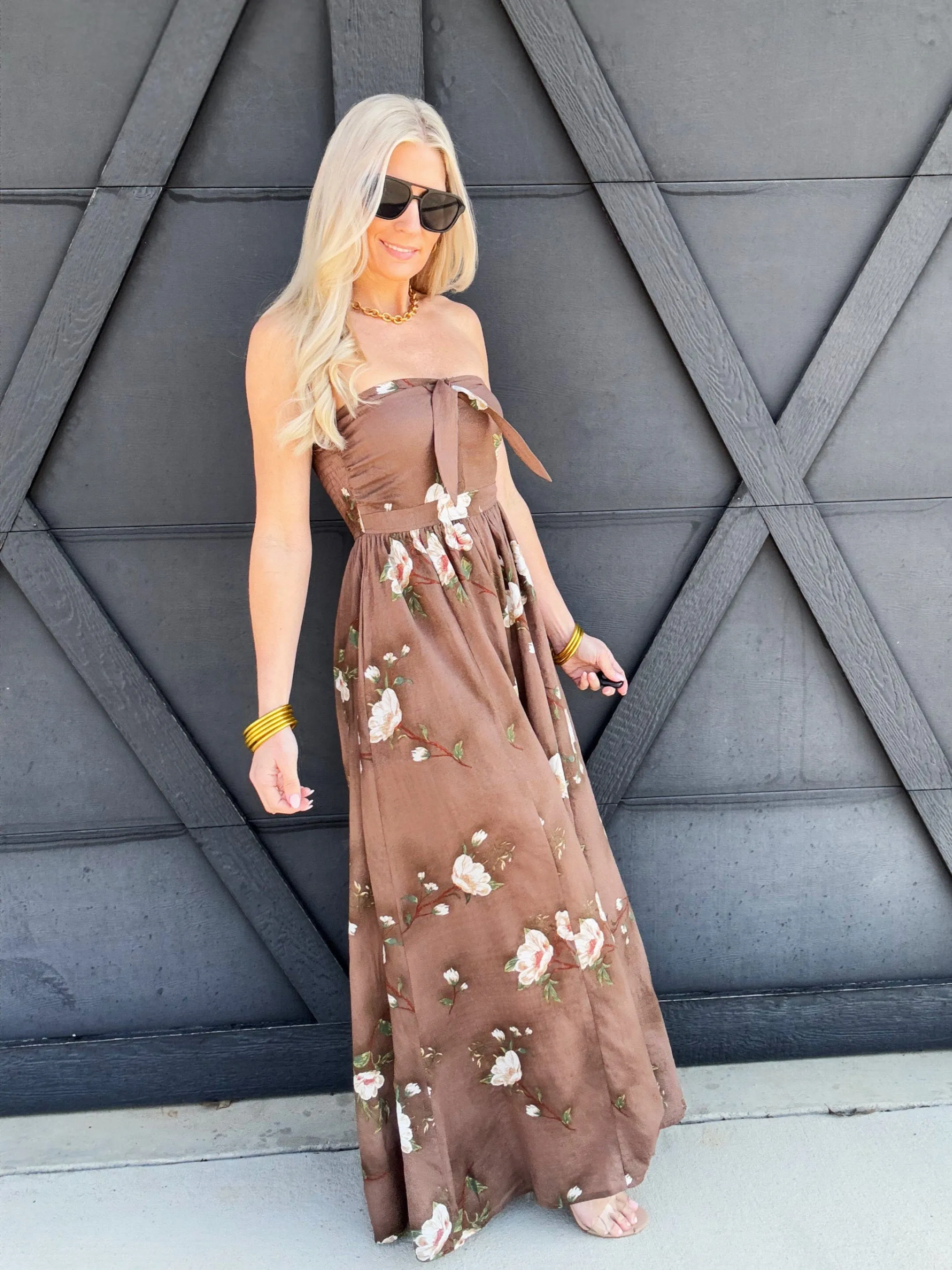 Floral Strapless Jumpsuit In Brown