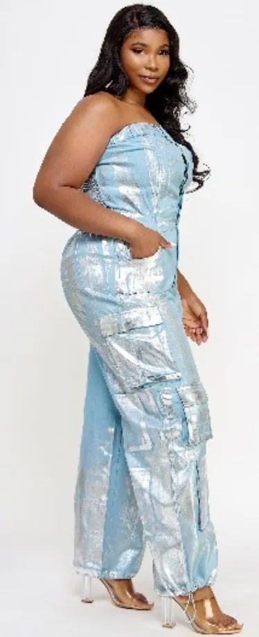 Foiled Denim Cargo Jumpsuit