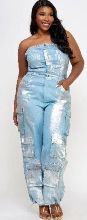 Foiled Denim Cargo Jumpsuit