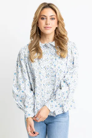 French Floral Pleat Ruffle Collar Top