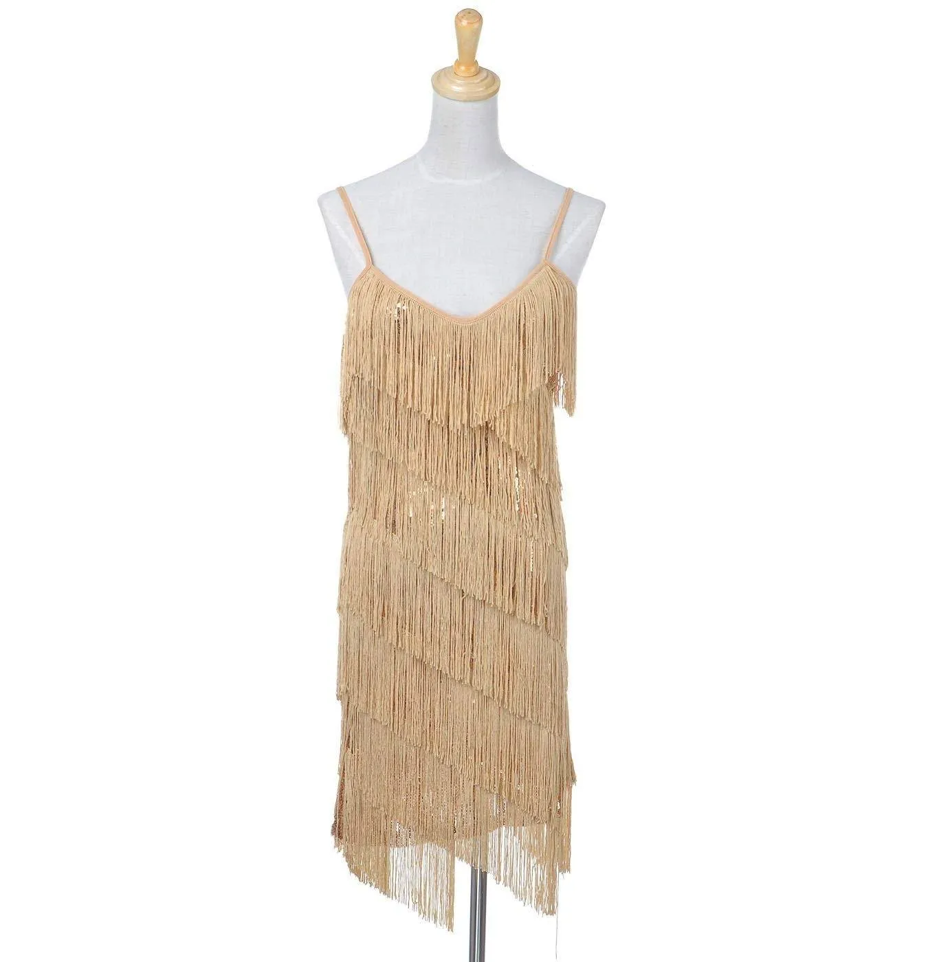 Fringe Sequin Strap Backless 1920s Flapper Mini Dress Gold
