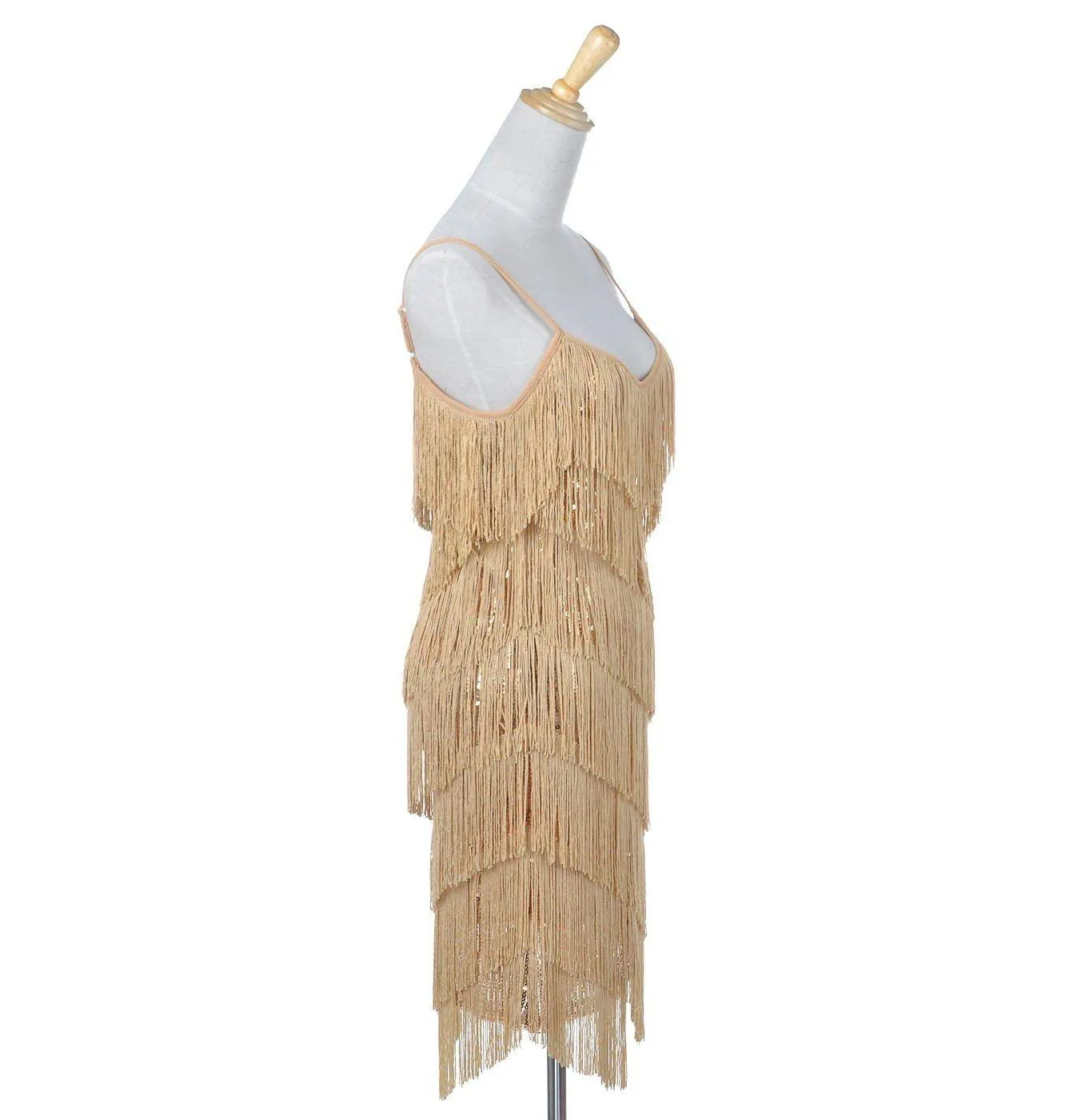 Fringe Sequin Strap Backless 1920s Flapper Mini Dress Gold