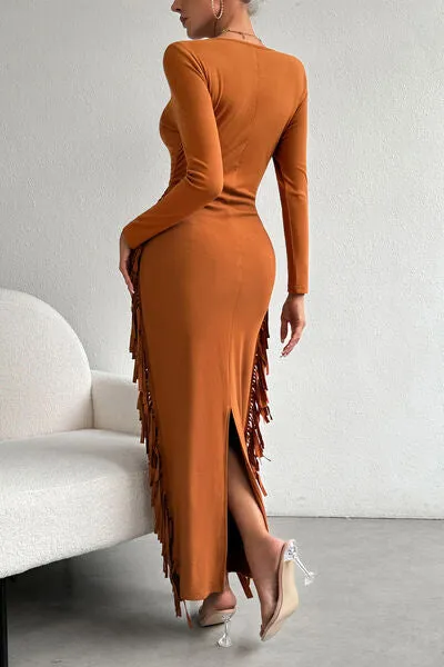 Fringe Slit Round Neck Wrap Dress