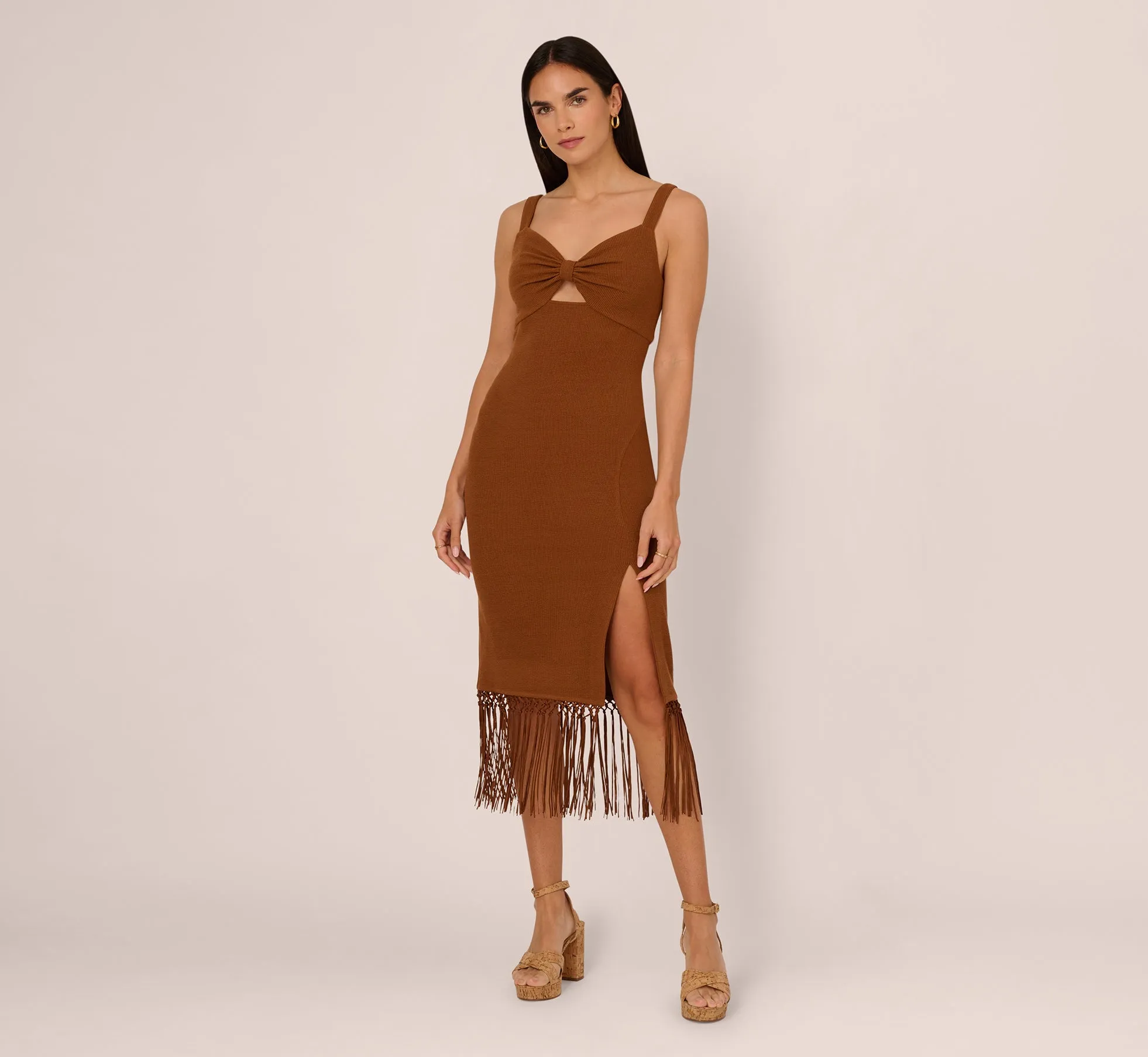 Fringe Trim Midi Dress With Keyhole Cutout Bust In Light Brown