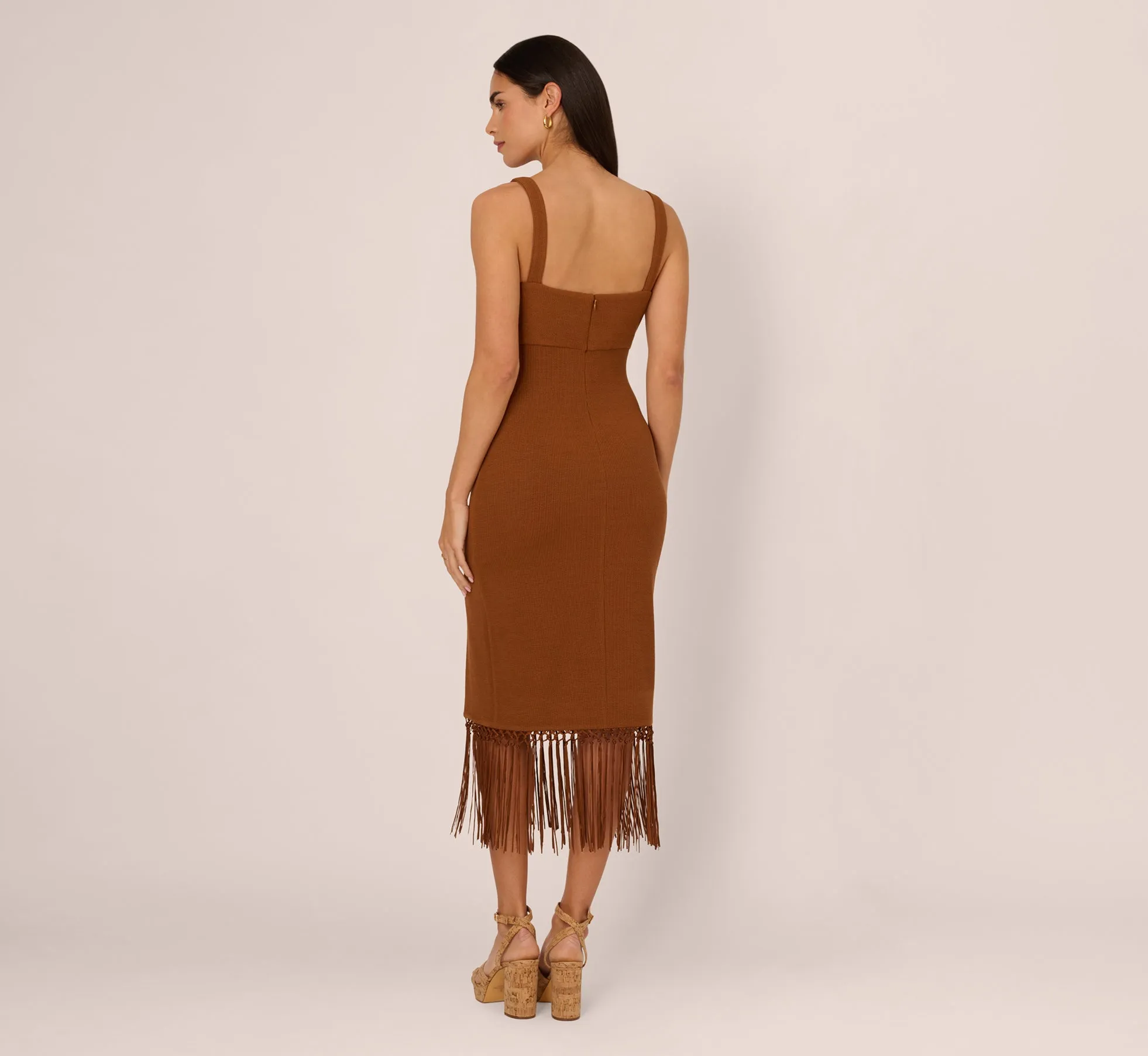 Fringe Trim Midi Dress With Keyhole Cutout Bust In Light Brown