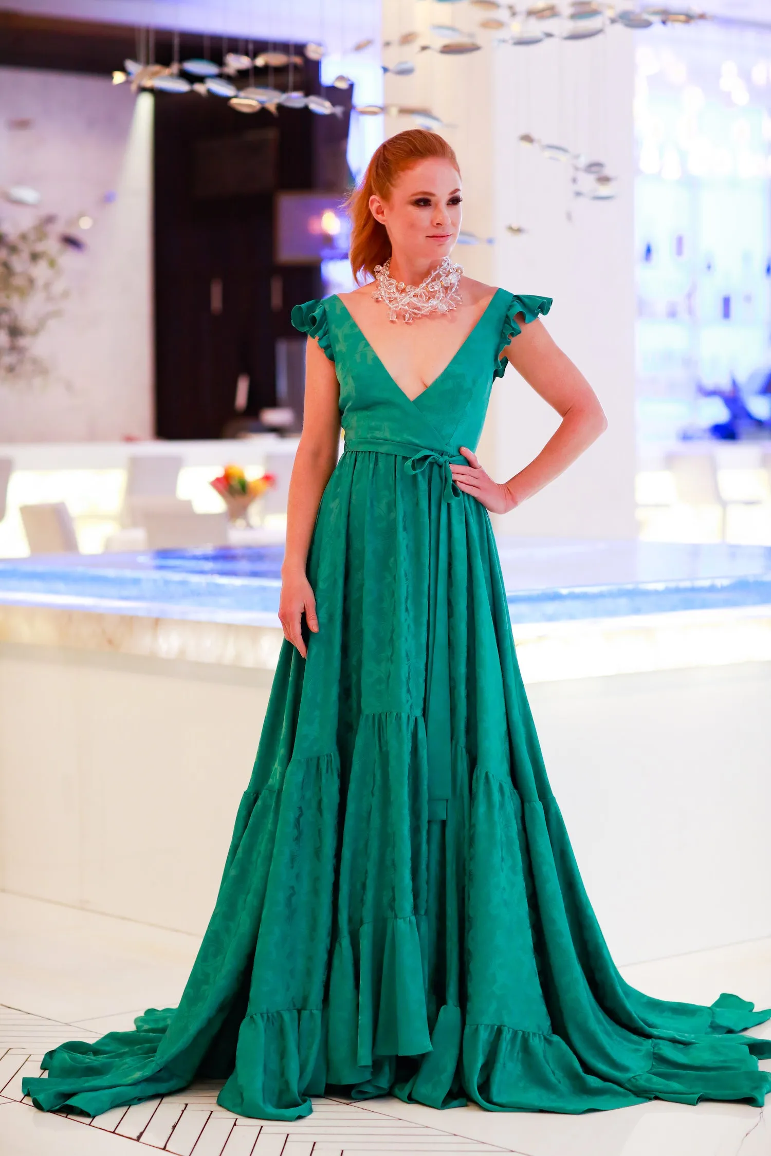 Full Length Green Tiered V Neck Crepe Gown