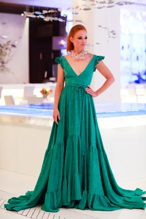 Full Length Green Tiered V Neck Crepe Gown
