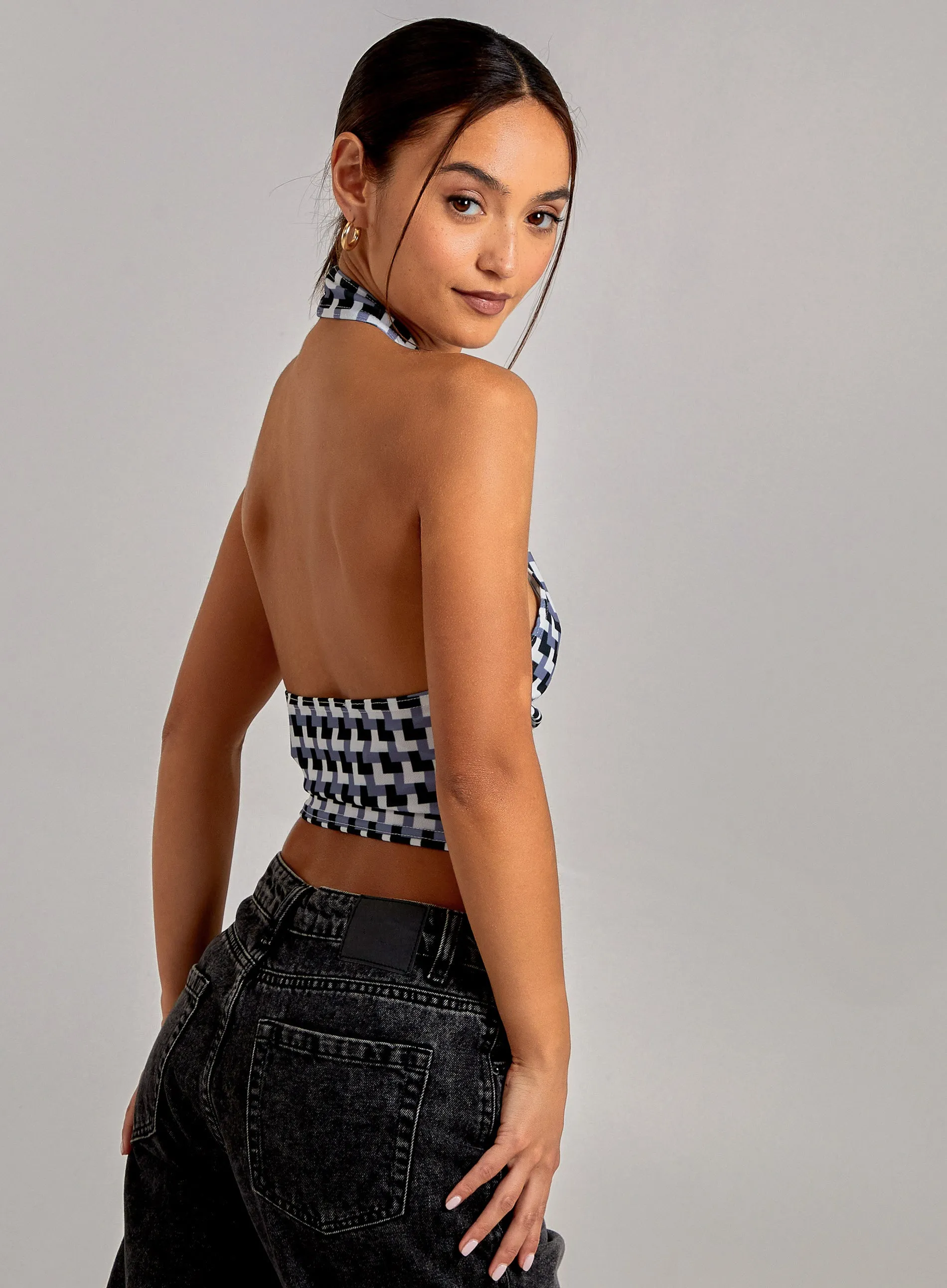Geometric Print Cut Out Halterneck Top