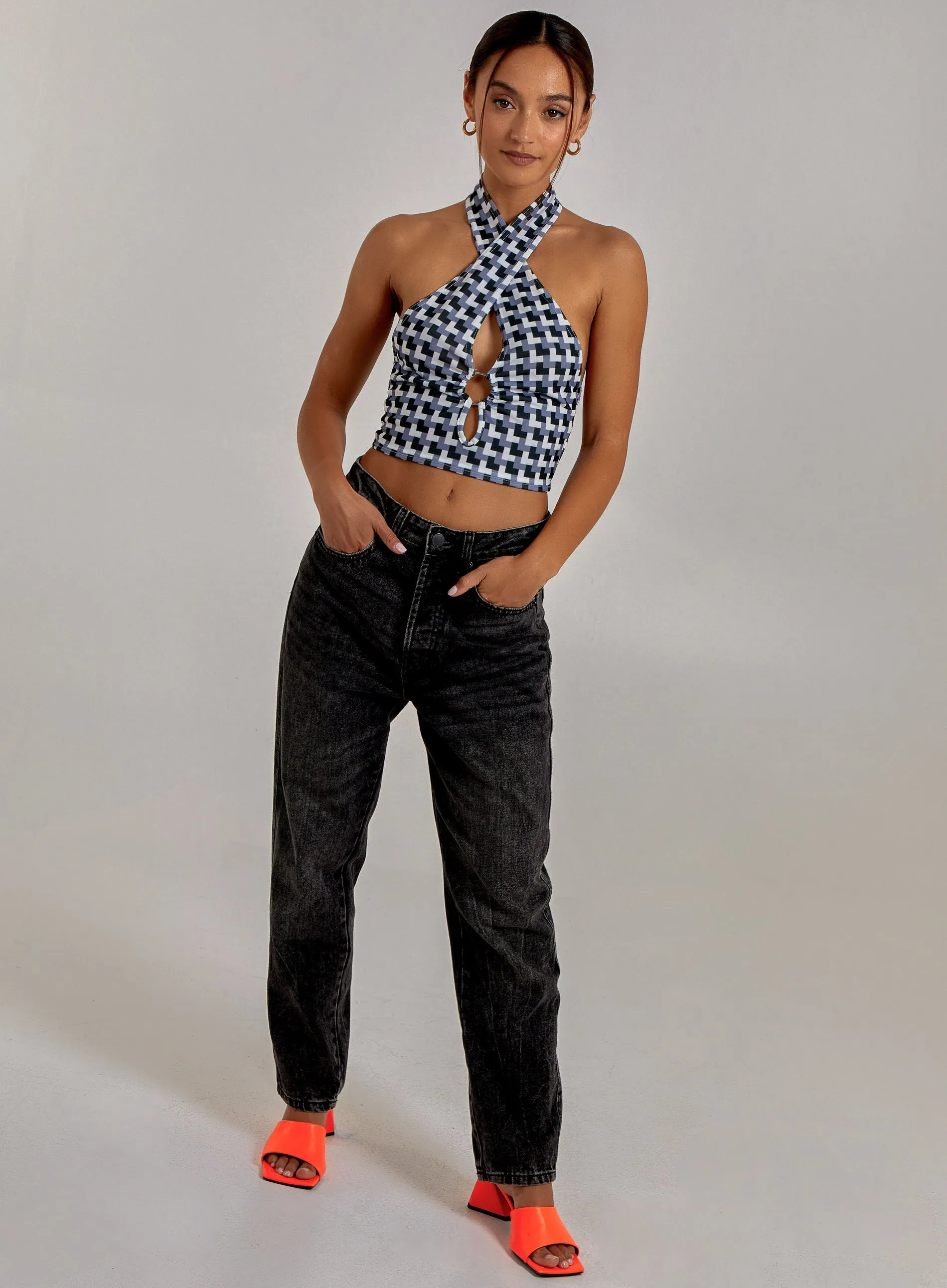 Geometric Print Cut Out Halterneck Top