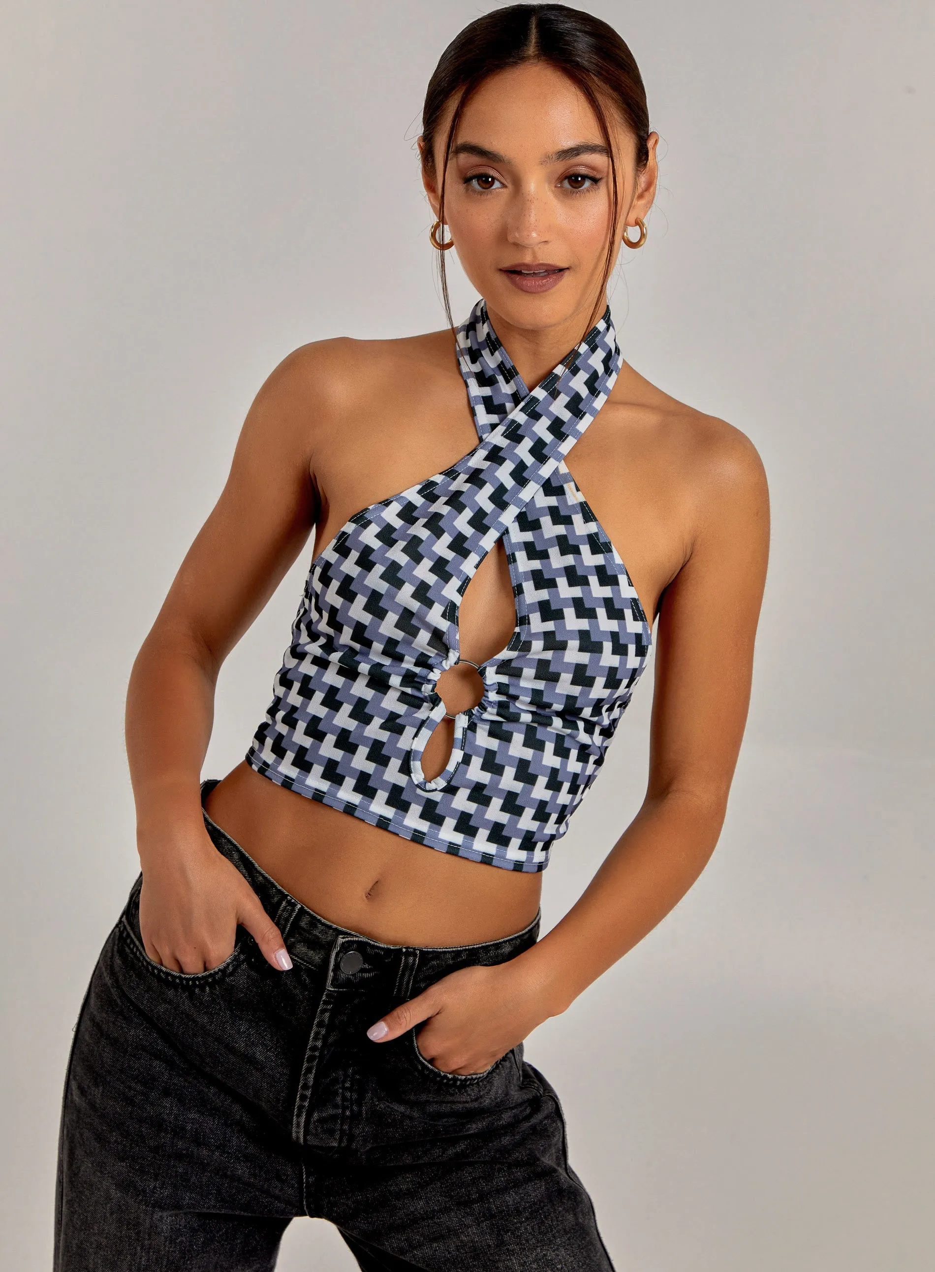 Geometric Print Cut Out Halterneck Top