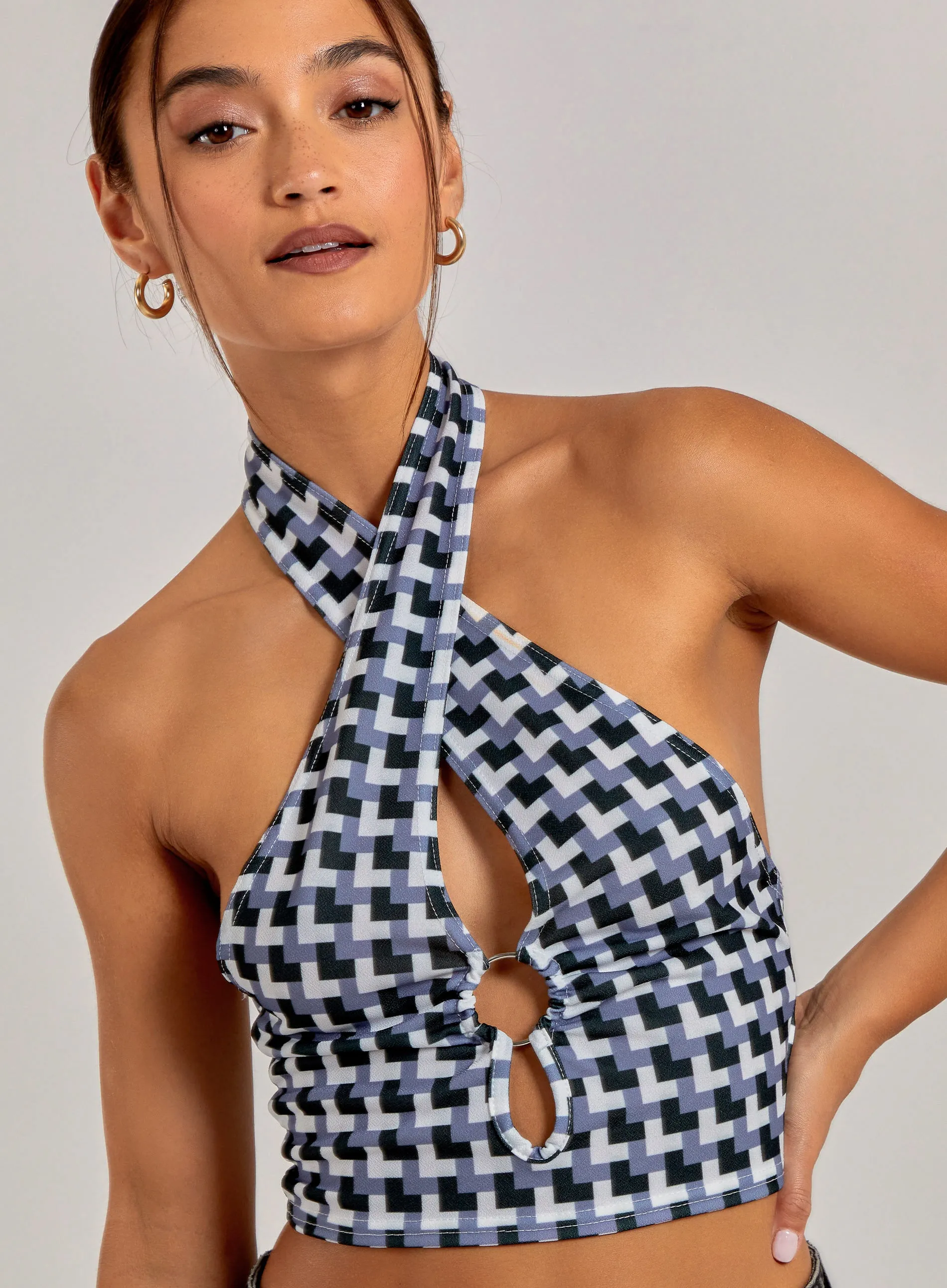 Geometric Print Cut Out Halterneck Top