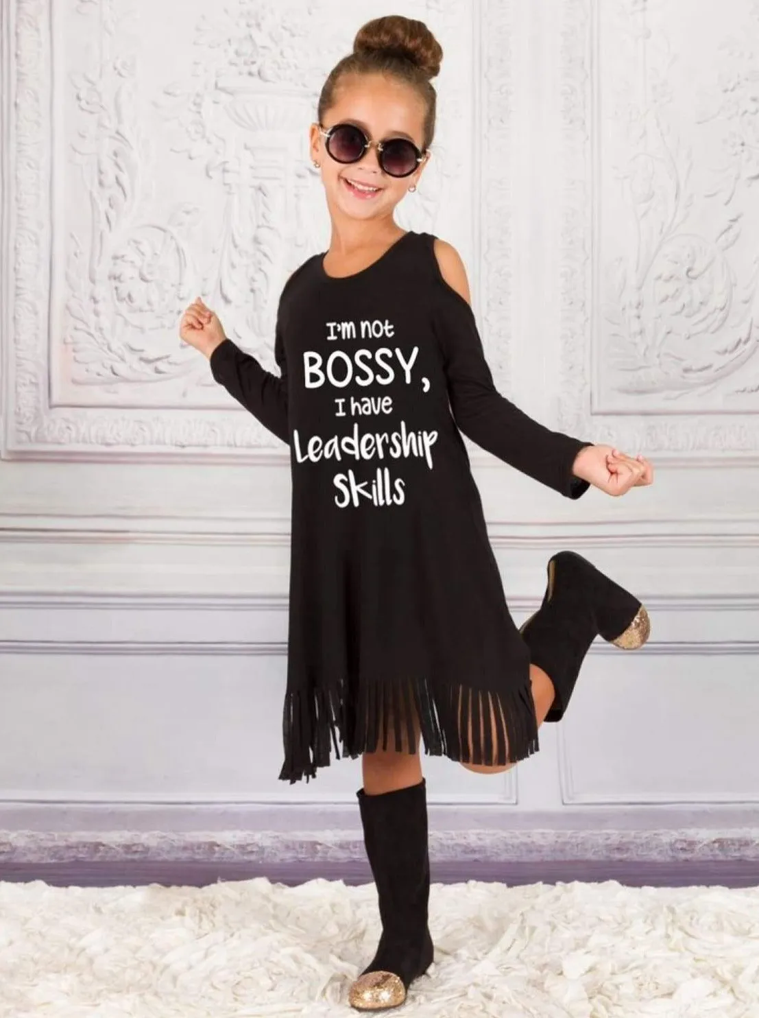 Girls Black Cold Shoulder I'm Not Bossy Fringe Dress
