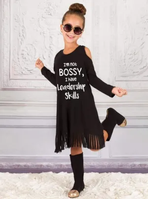 Girls Black Cold Shoulder I'm Not Bossy Fringe Dress