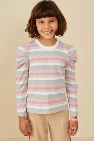 Girls Striped Puff Shoulder Knit Top
