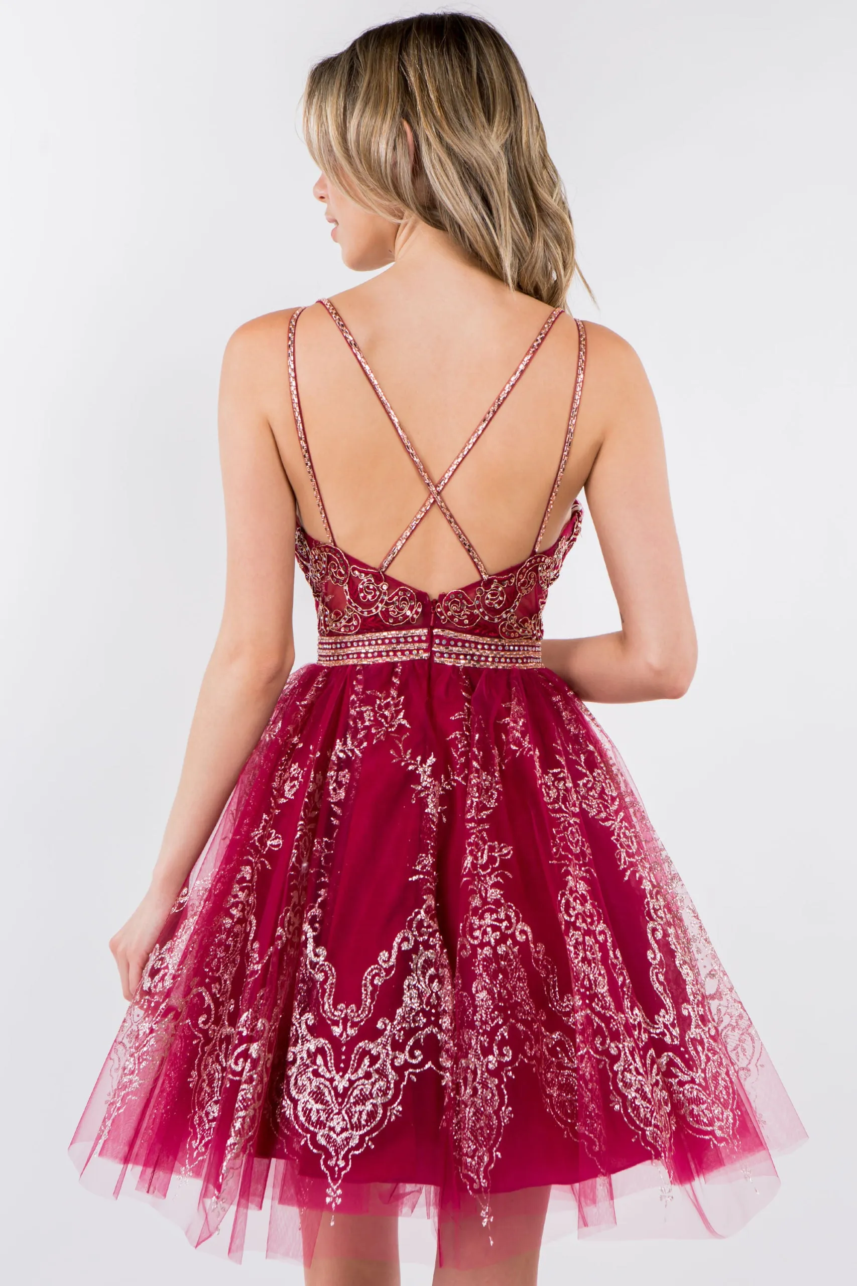 GL 1965 - Short A-Line Homecoming Dress with Beaded Lace Applique V-Neck Bodice & Glitter Print Tulle Skirt