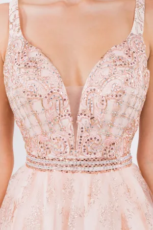 GL 1965 - Short A-Line Homecoming Dress with Beaded Lace Applique V-Neck Bodice & Glitter Print Tulle Skirt