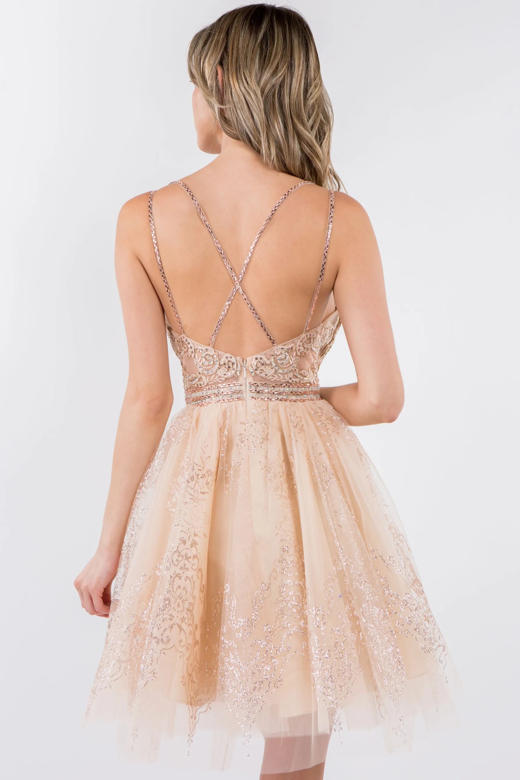 GL 1965 - Short A-Line Homecoming Dress with Beaded Lace Applique V-Neck Bodice & Glitter Print Tulle Skirt