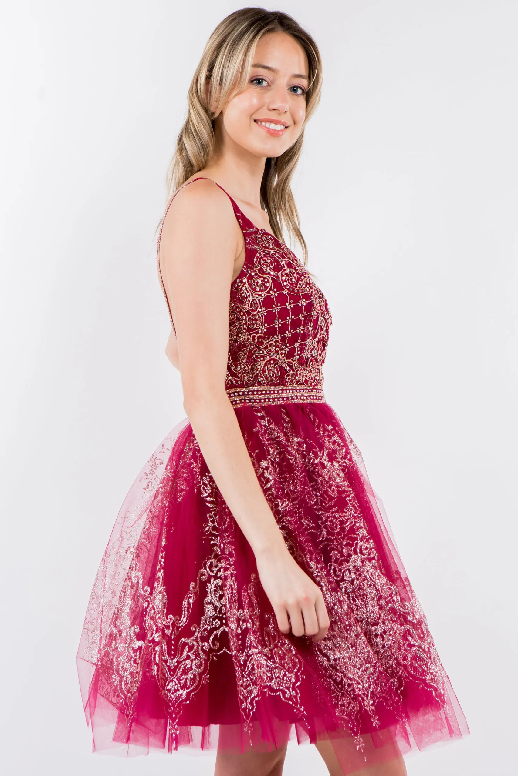 GL 1965 - Short A-Line Homecoming Dress with Beaded Lace Applique V-Neck Bodice & Glitter Print Tulle Skirt