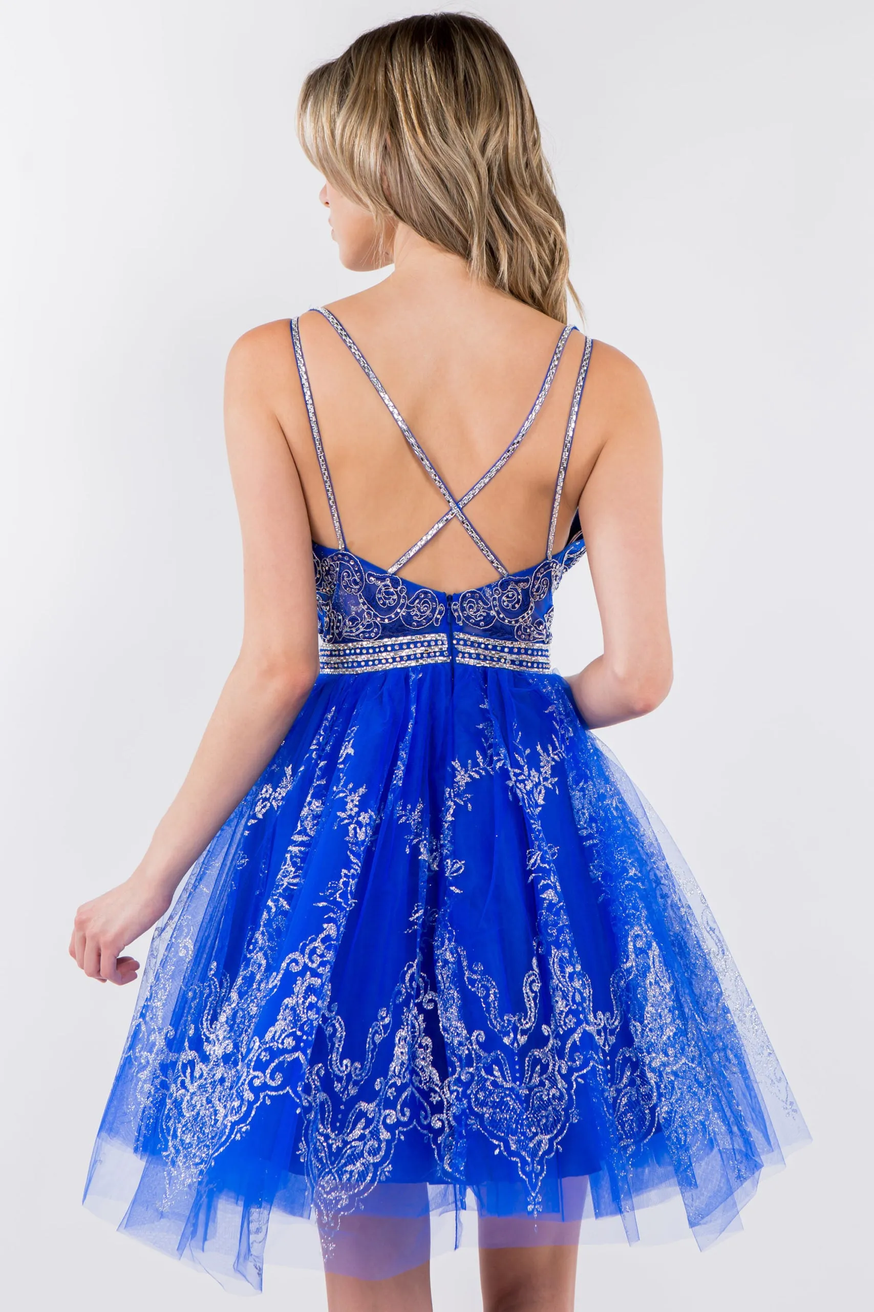 GL 1965 - Short A-Line Homecoming Dress with Beaded Lace Applique V-Neck Bodice & Glitter Print Tulle Skirt