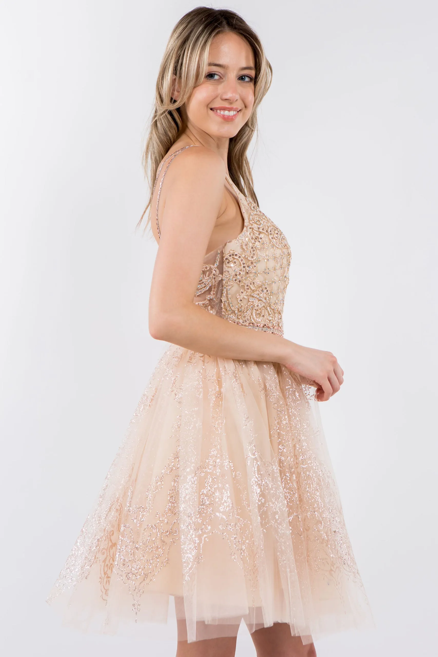 GL 1965 - Short A-Line Homecoming Dress with Beaded Lace Applique V-Neck Bodice & Glitter Print Tulle Skirt