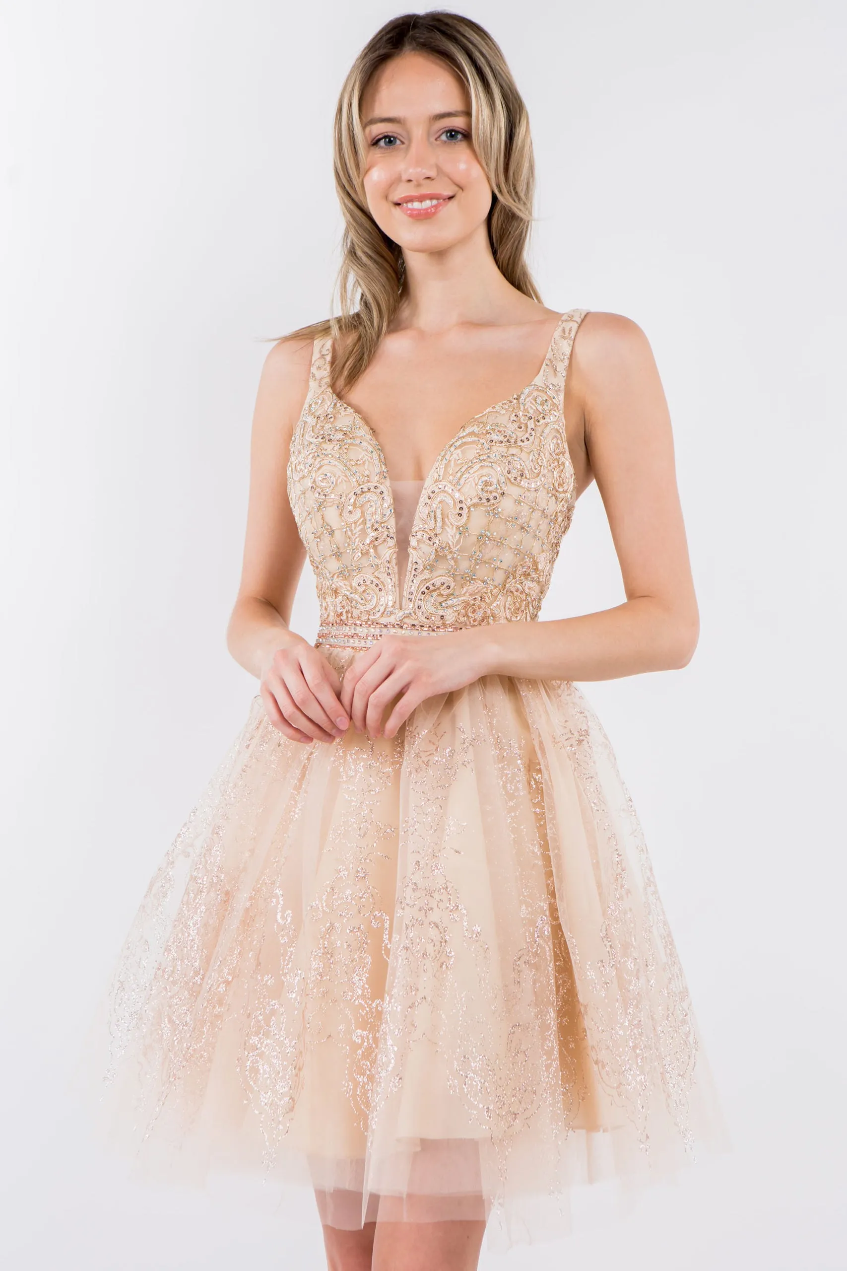 GL 1965 - Short A-Line Homecoming Dress with Beaded Lace Applique V-Neck Bodice & Glitter Print Tulle Skirt