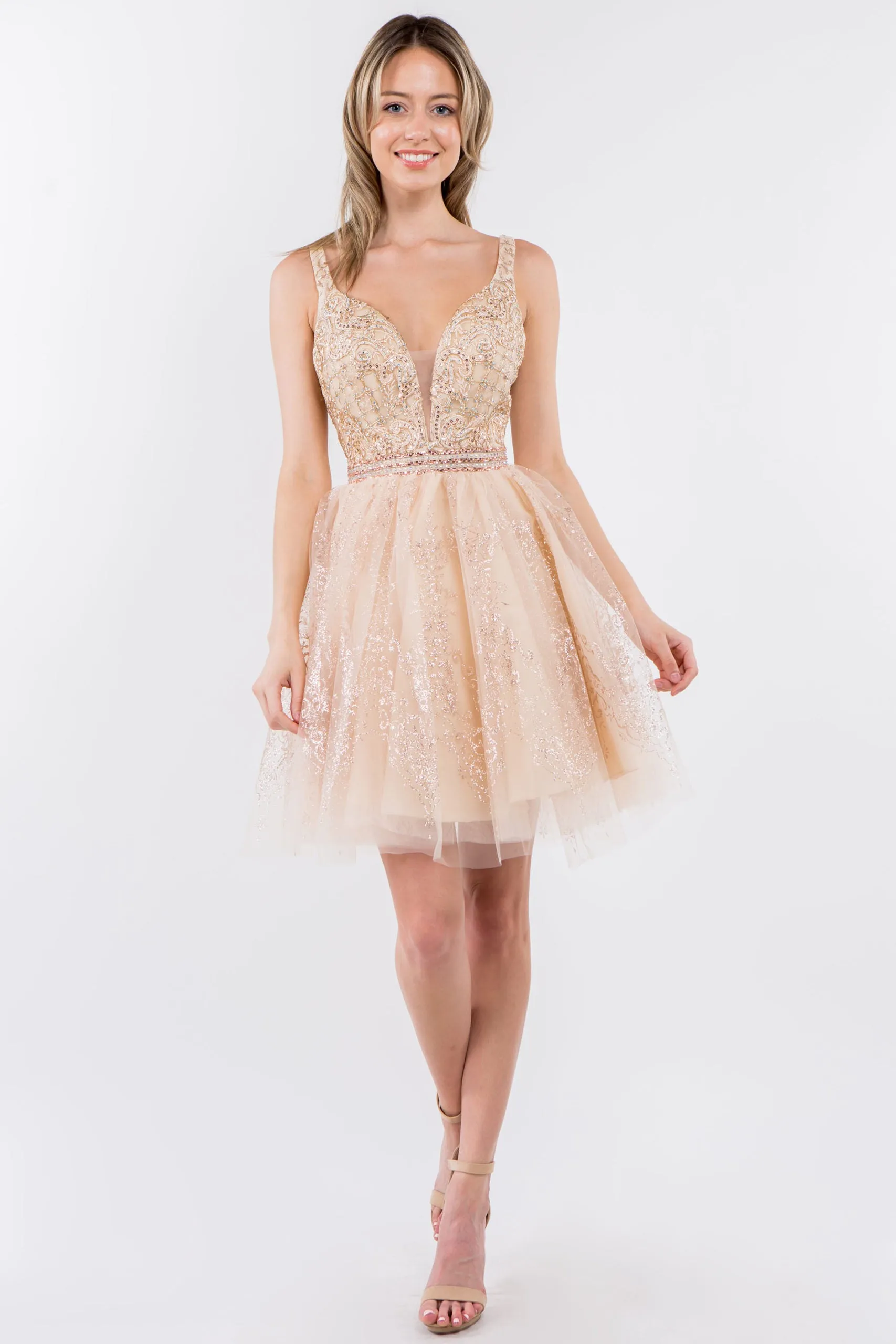 GL 1965 - Short A-Line Homecoming Dress with Beaded Lace Applique V-Neck Bodice & Glitter Print Tulle Skirt